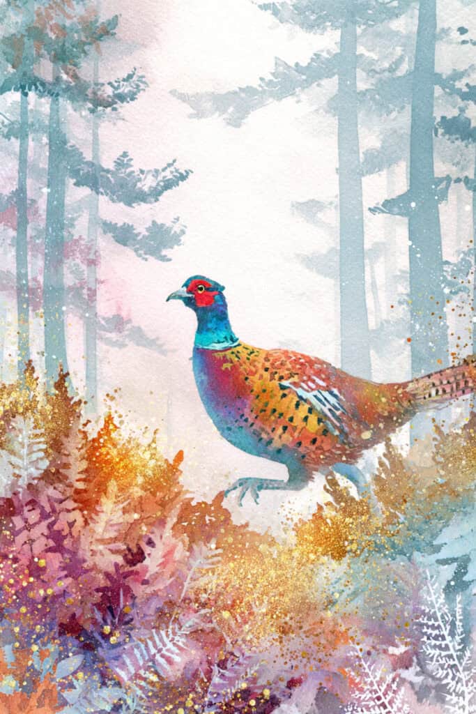 watercolor autumn forest creatures pheasant comet trail
