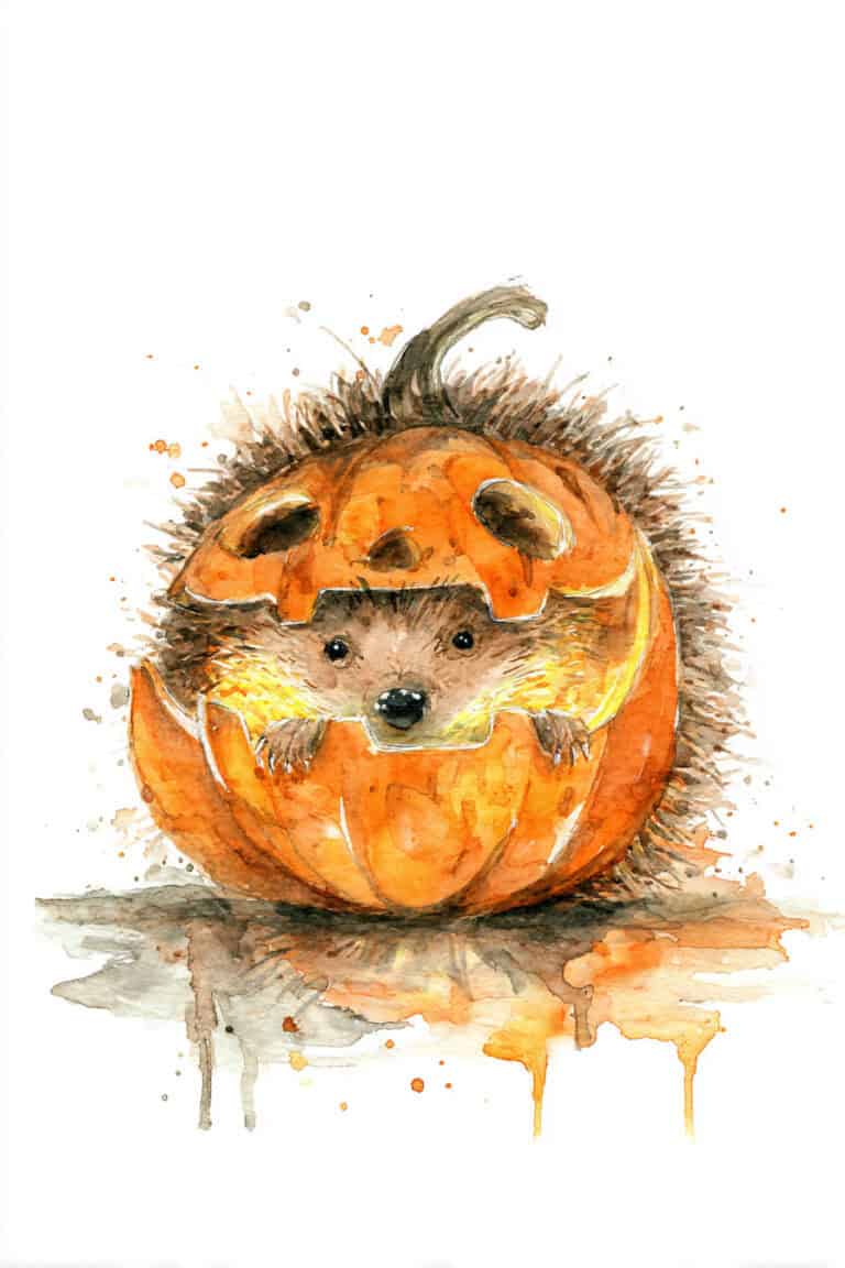 Porcupine Curled Into Glowing Pumpkin