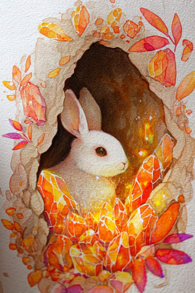 watercolor autumn forest creatures rabbit in amber crystal burrow