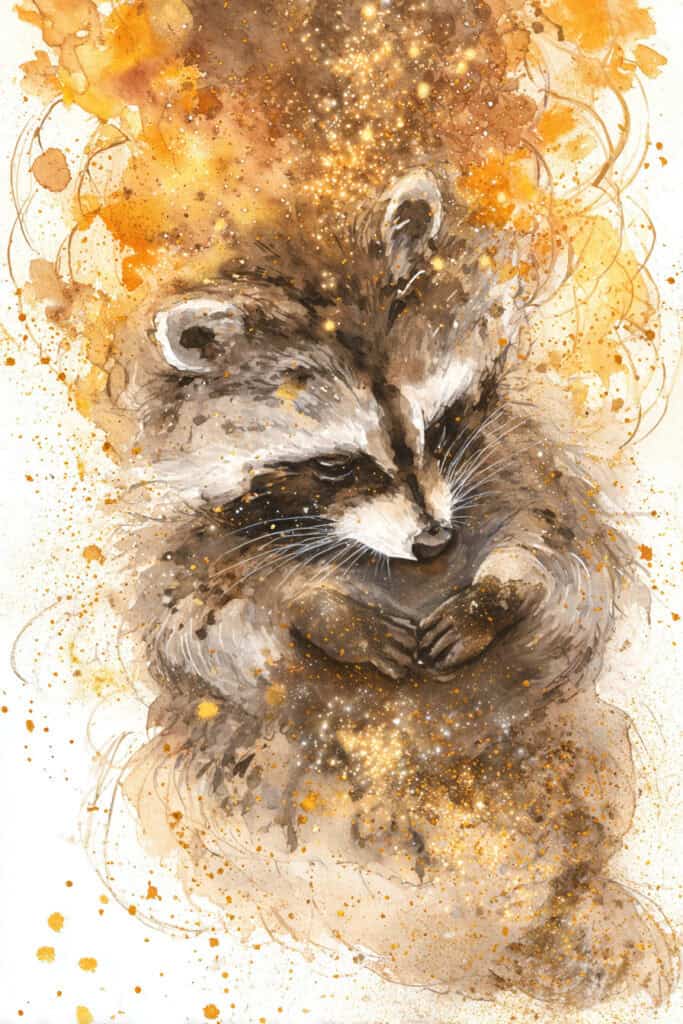watercolor autumn forest creatures raccoon washing in stardust