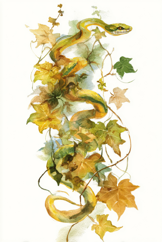 watercolor autumn forest creatures snake shedding into vines