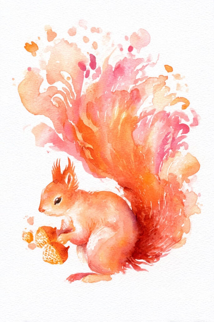 watercolor autumn forest creatures squirrel with sunset cloud tail