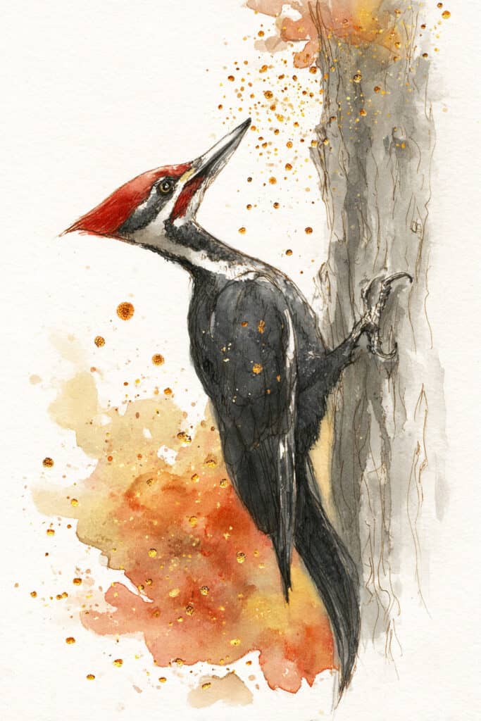 watercolor autumn forest creatures woodpecker drumming autumn music