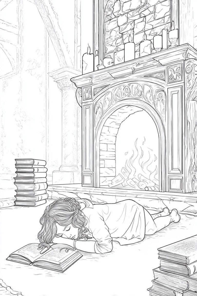 Girl Sleeping by Fireplace