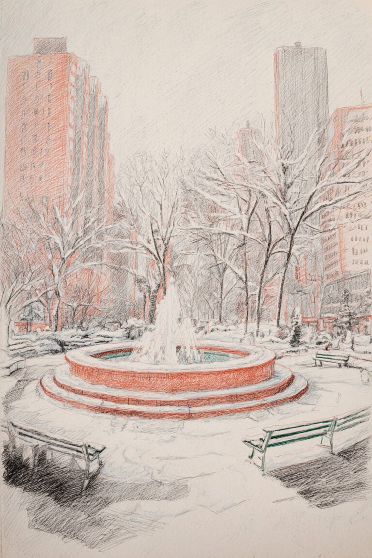 Snow-Dusted City Fountain