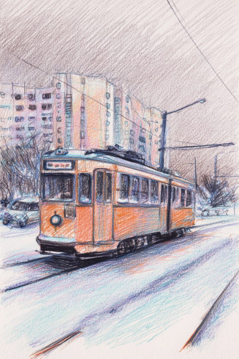Vintage Tram on Snowy Tracks