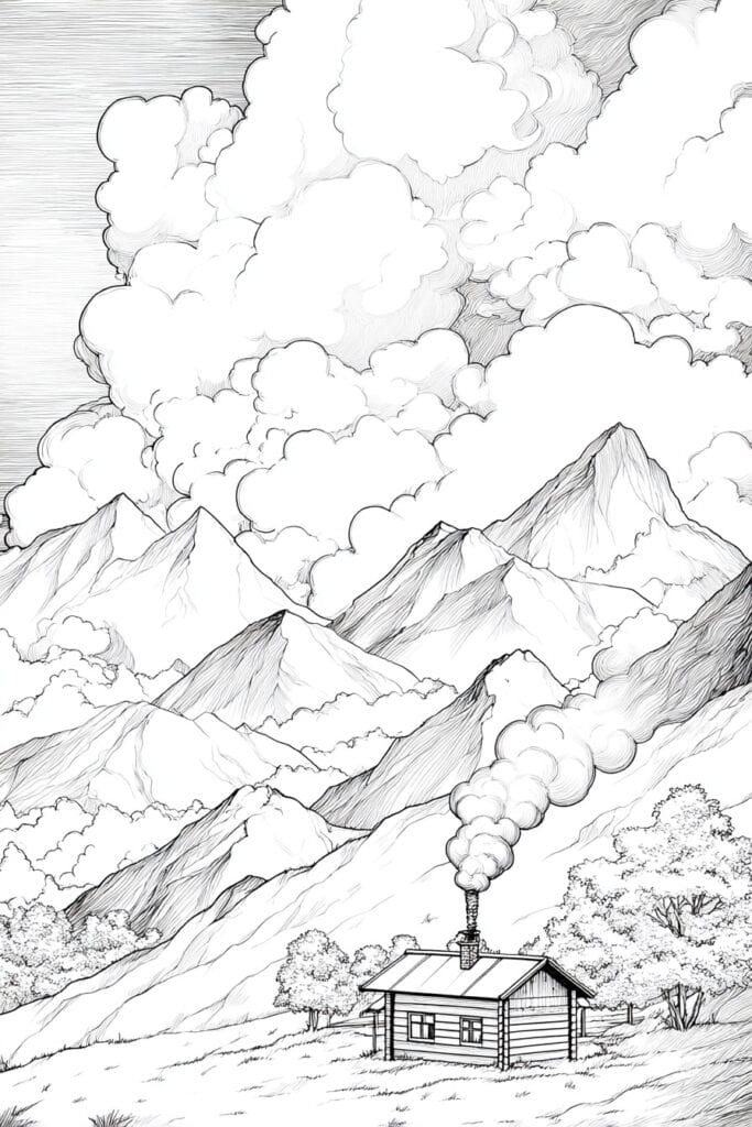 A detailed black and white illustration of a mountain landscape with a small cabin and a smoking chimney, surrounded by trees and towering peaks.
