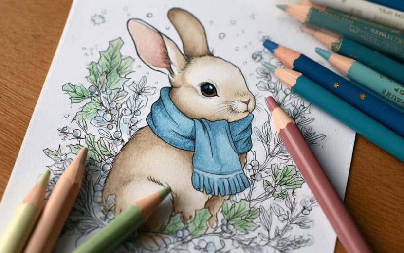 25 Soft Winter Aesthetic Coloring Pages for Cozy Vibes emthehuman1_colored_pencils_next_to_a_Coloring_page_illlustrati_8005a14d-4c8b-4459-a446-b4ca2b65f23f