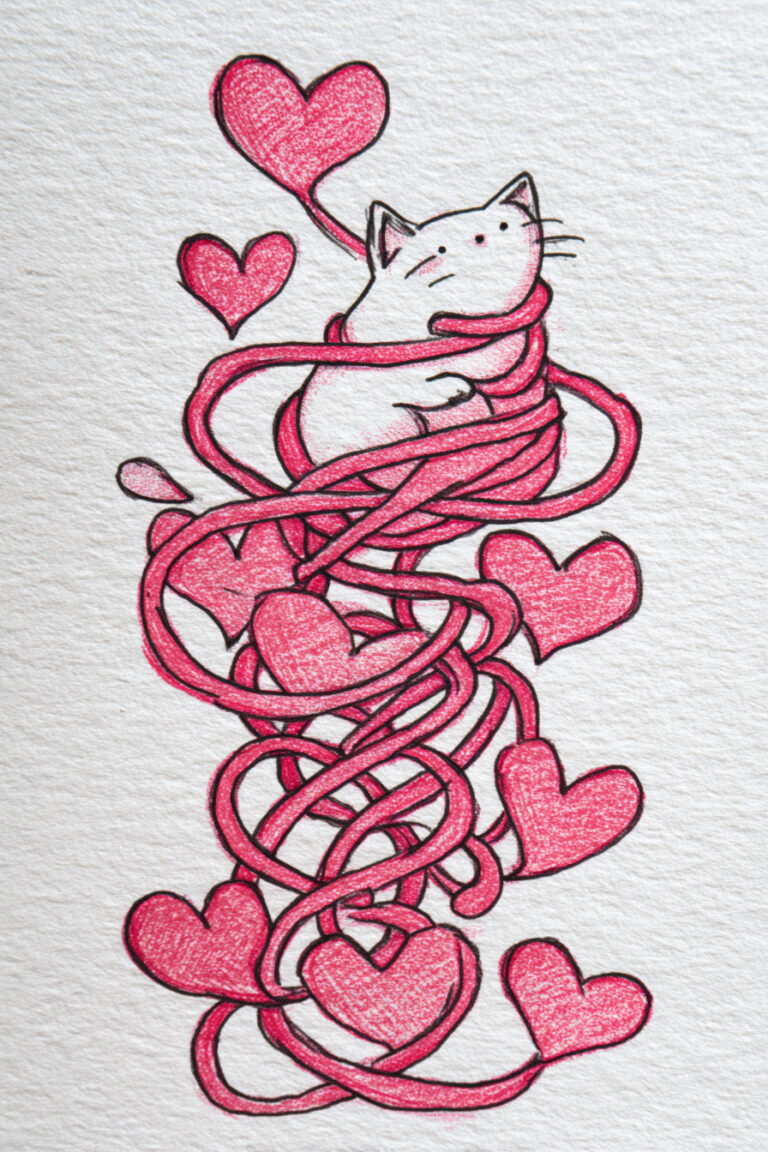Cat Tangled in Heart Yarn