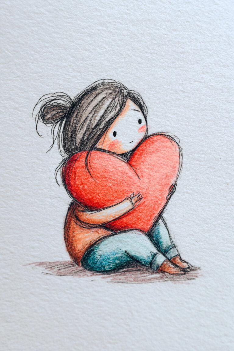 Girl Hugging Heart Pillow
