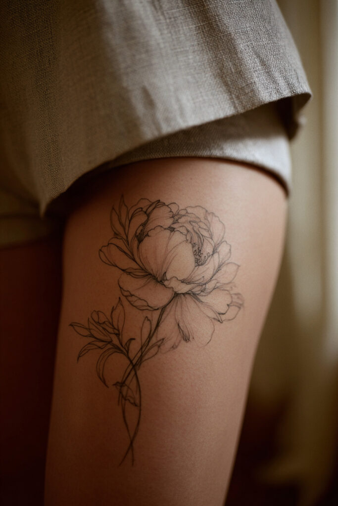 Abstract peony flower tattoo in minimalist fine line design.