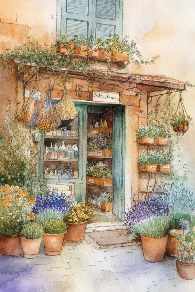 Charming cottage watercolor art of a quaint apothecary shop with rosemary, lavender, and chamomile in terracotta pots glowing in soft spring morning light.
