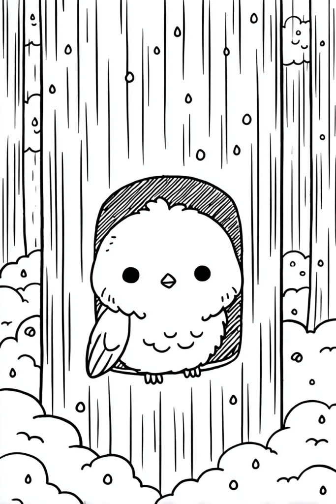 Spring animal coloring page of an owl tucked in a tree hollow with rain and rainbow details.
