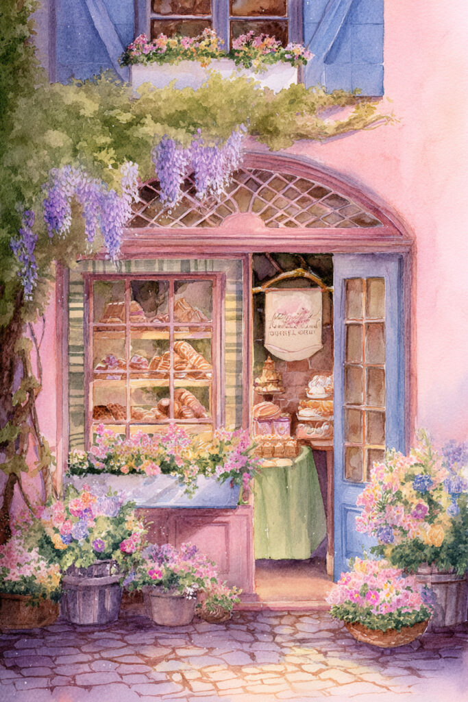 Charming cottage watercolor art showcasing a village bakery window framed in wisteria, glowing warmly over cobblestones with floral arrangements and fresh pastries.