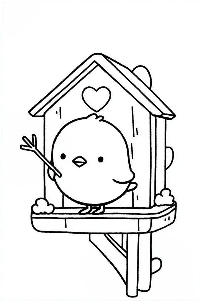 Spring animal coloring page showing a round bluebird perched on a heart-decorated birdhouse, printable cute spring coloring sheet.