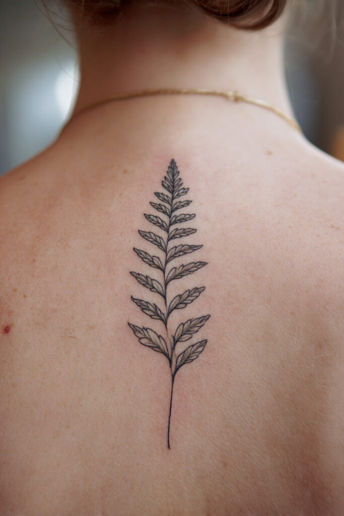 Fine line fern frond tattoo inspired by botanical illustration.