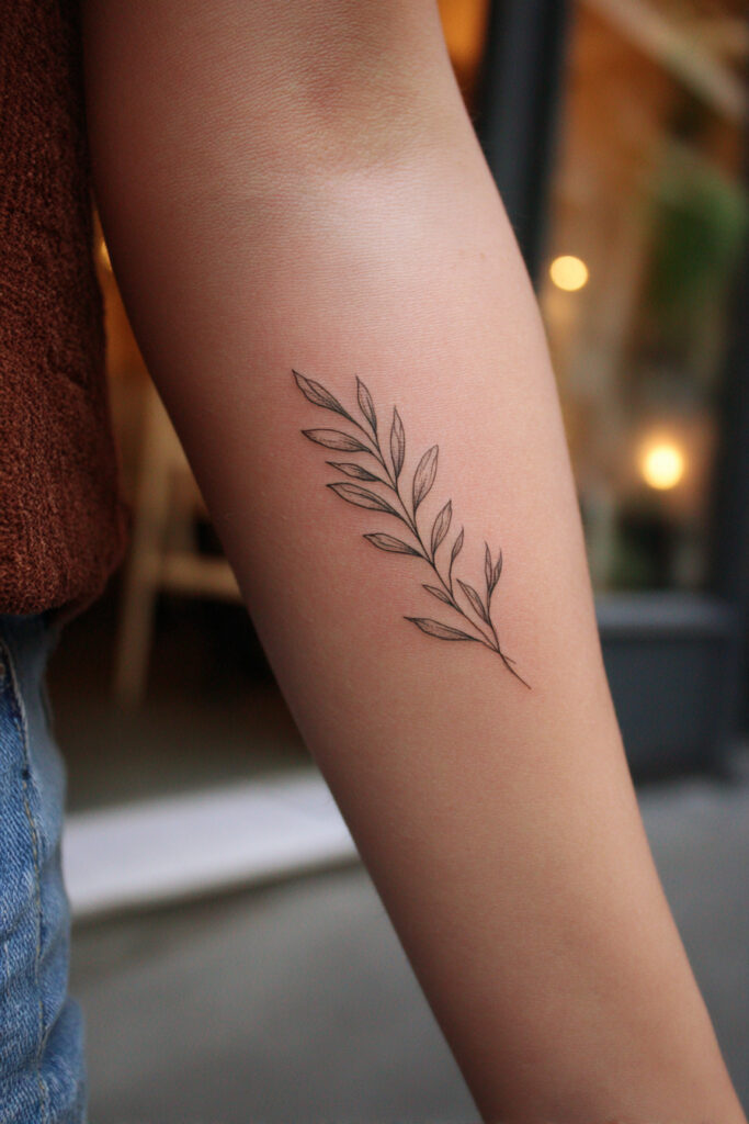 Minimal olive branch tattoo with clean botanical lines.