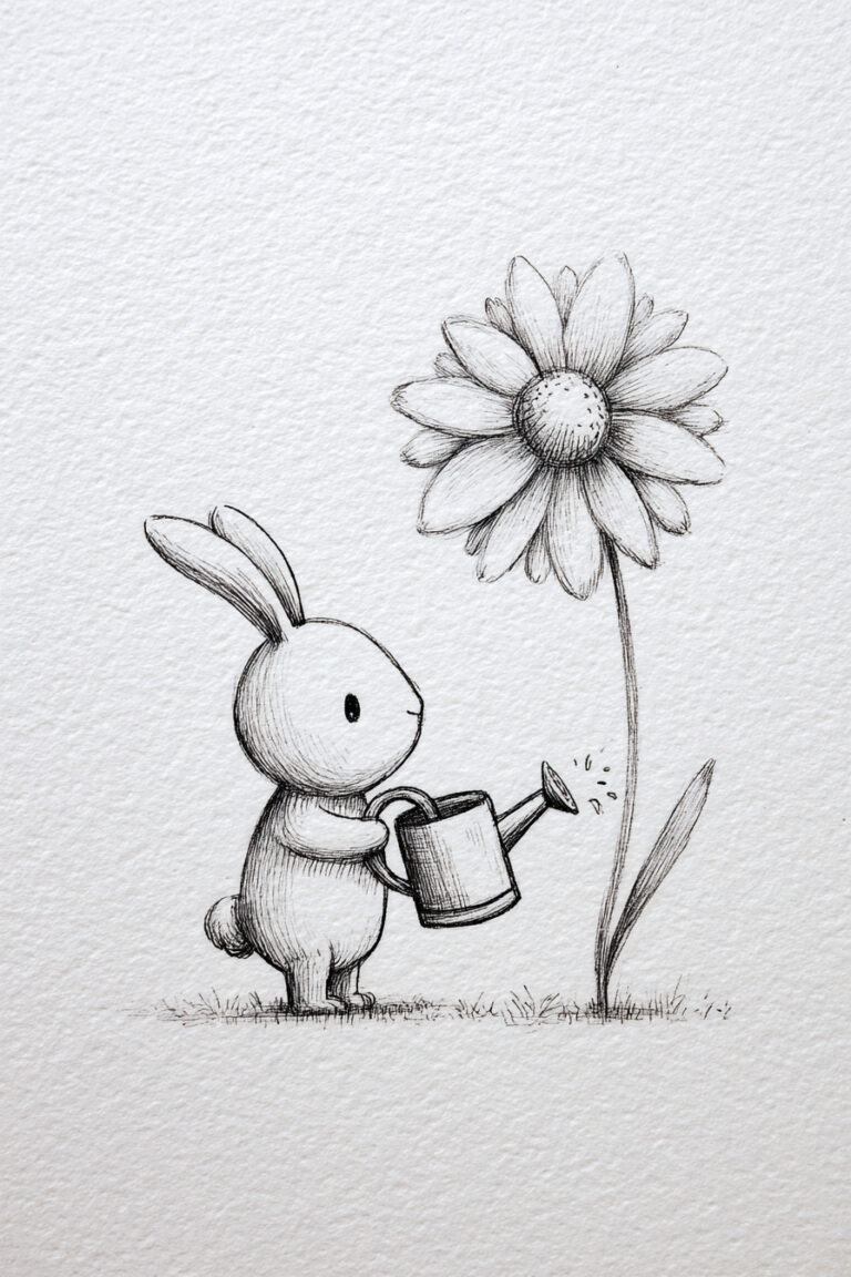 Bunny Watering a Single Daisy