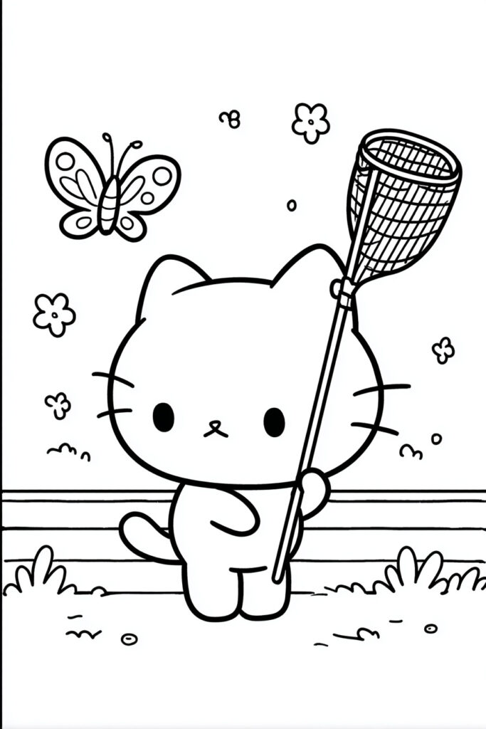 Adorable spring animal coloring page of a kitten holding a butterfly net toward a large butterfly.