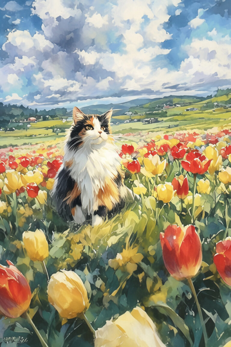 Cat in the Tulips