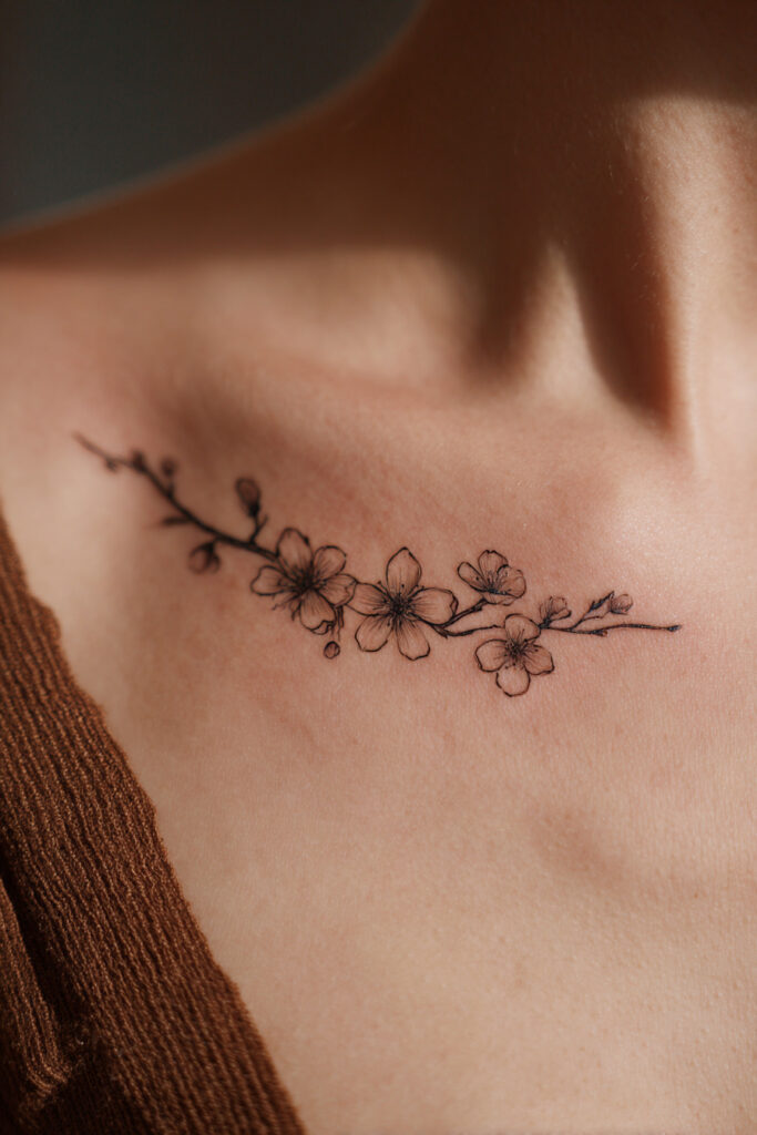 Minimal cherry blossom branch tattoo with thin elegant lines.