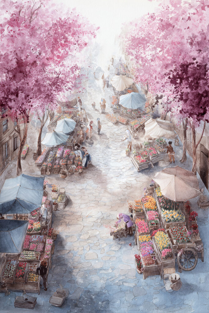 Cozy spring village watercolor painting of a bustling market square under blooming cherry blossoms, flower stalls overflowing with tulips and daffodils along a misty cobblestone street.