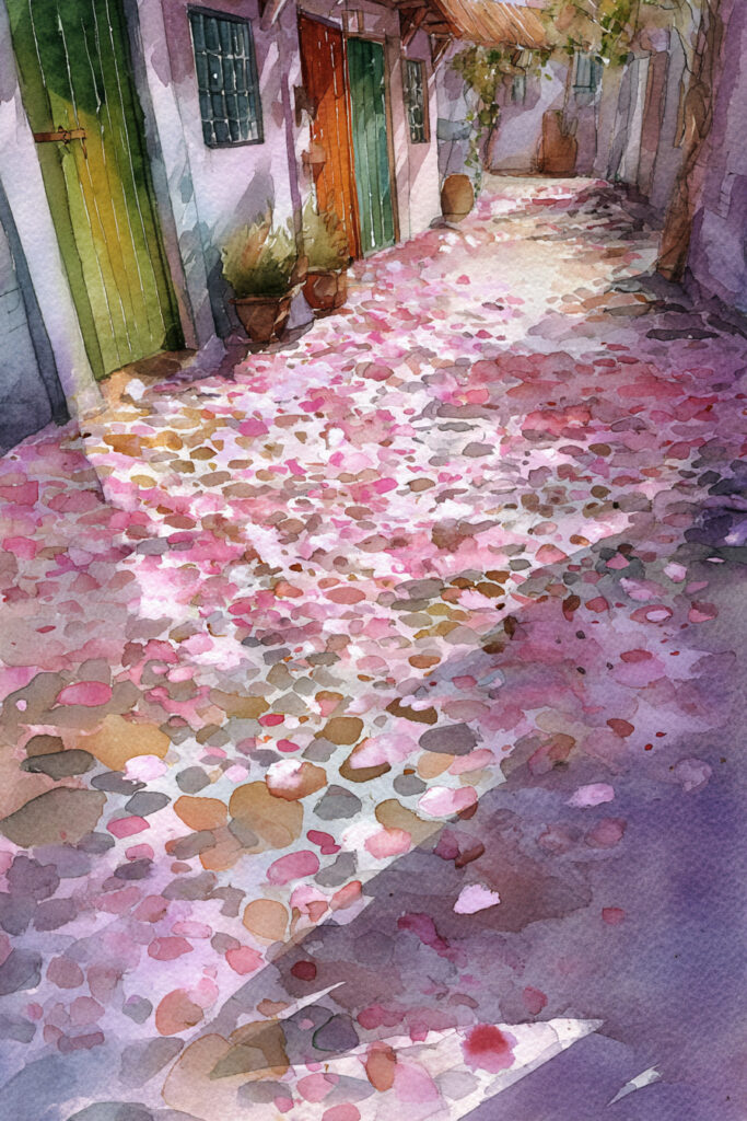 Cozy spring village watercolor painting of a flower-petal-covered street lined with colorful cottage doors and soft mist clearing into warm sunrise tones.