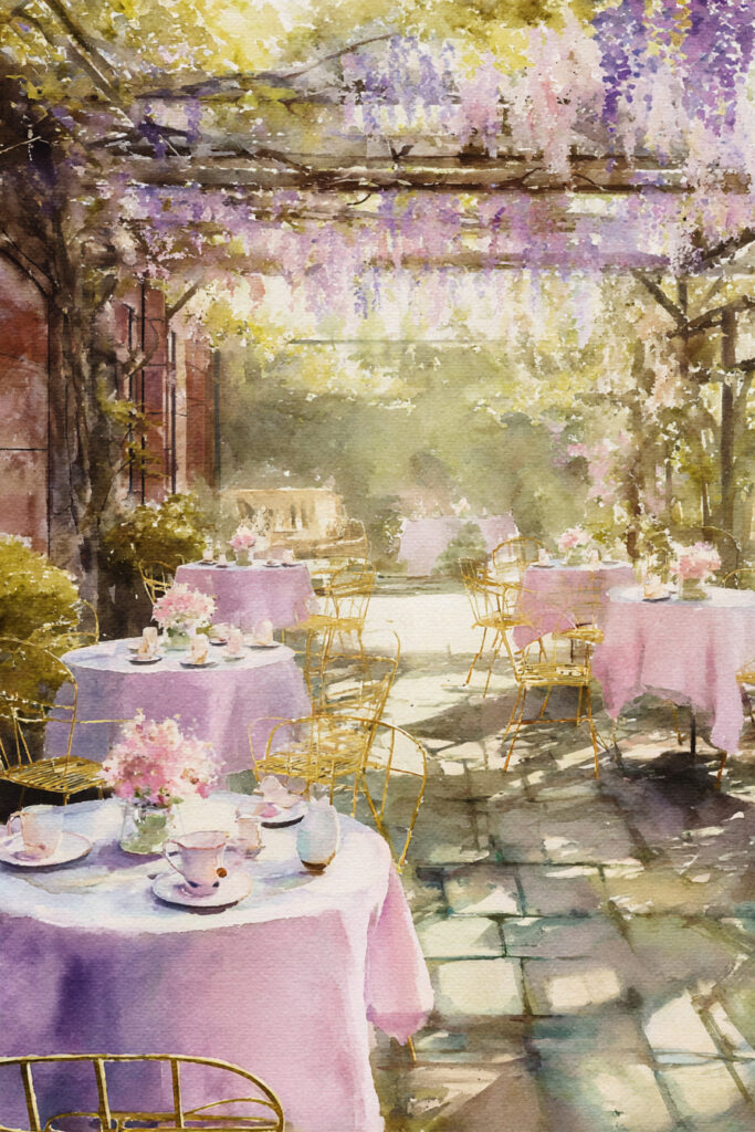 Charming cottage watercolor art featuring an outdoor tea garden with pastel china, rose centerpieces, and wisteria-draped tables in dappled spring sunlight.