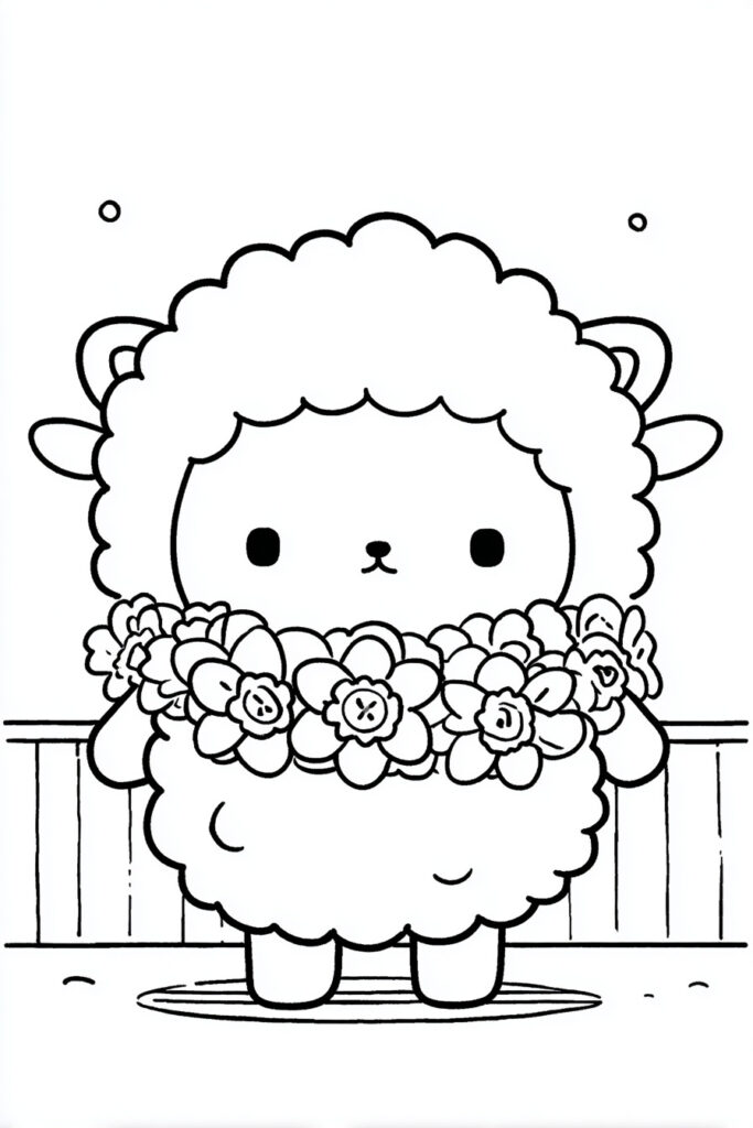 Adorable spring animal coloring page of a fluffy lamb wearing a daffodil flower collar, easy printable design for calm creativity.