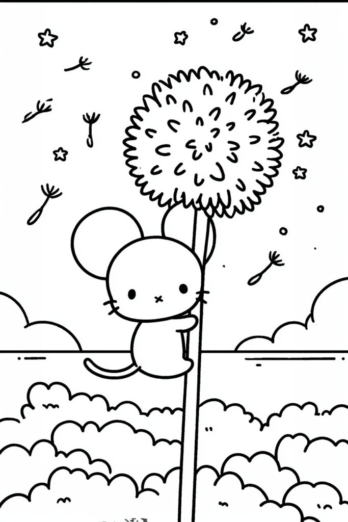 Adorable spring animal coloring page of a mouse holding a giant dandelion puff as seeds float away.
