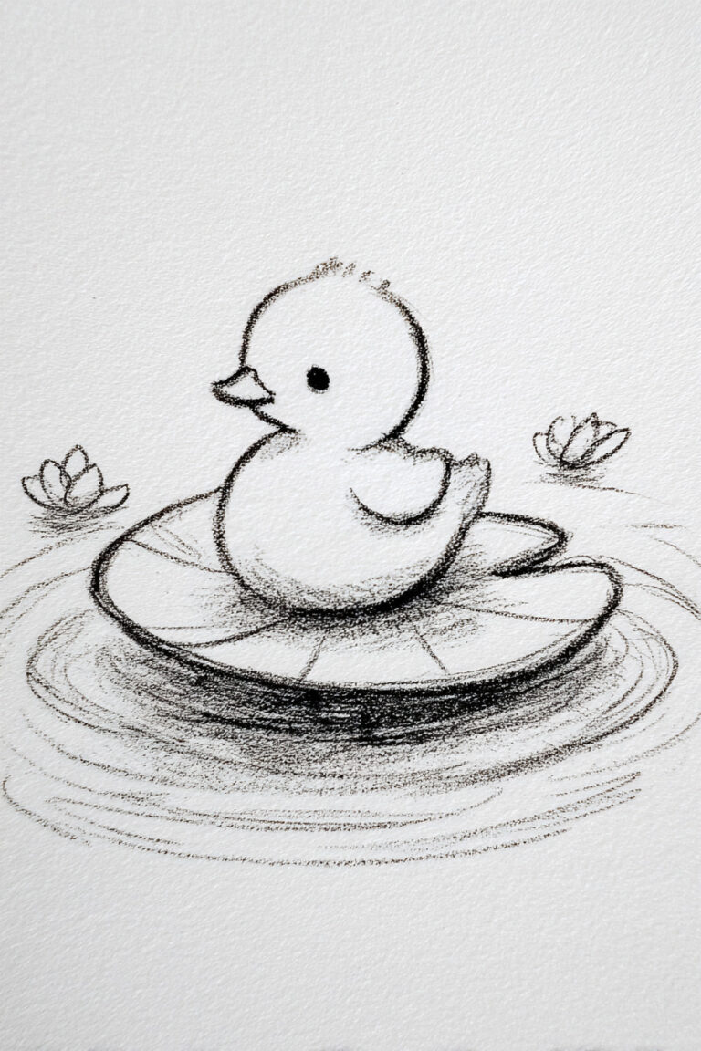 Duckling Floating on Pond Lily