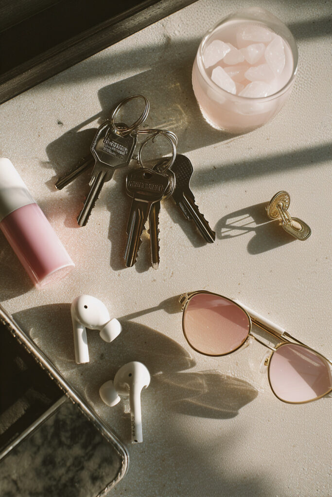 Flat lay of everyday drawer objects creative photography.