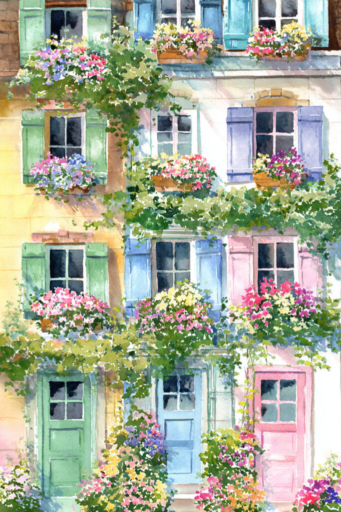 Charming cottage watercolor art of pastel-painted village homes with overflowing geraniums and ivy-filled window boxes in cheerful spring competition.