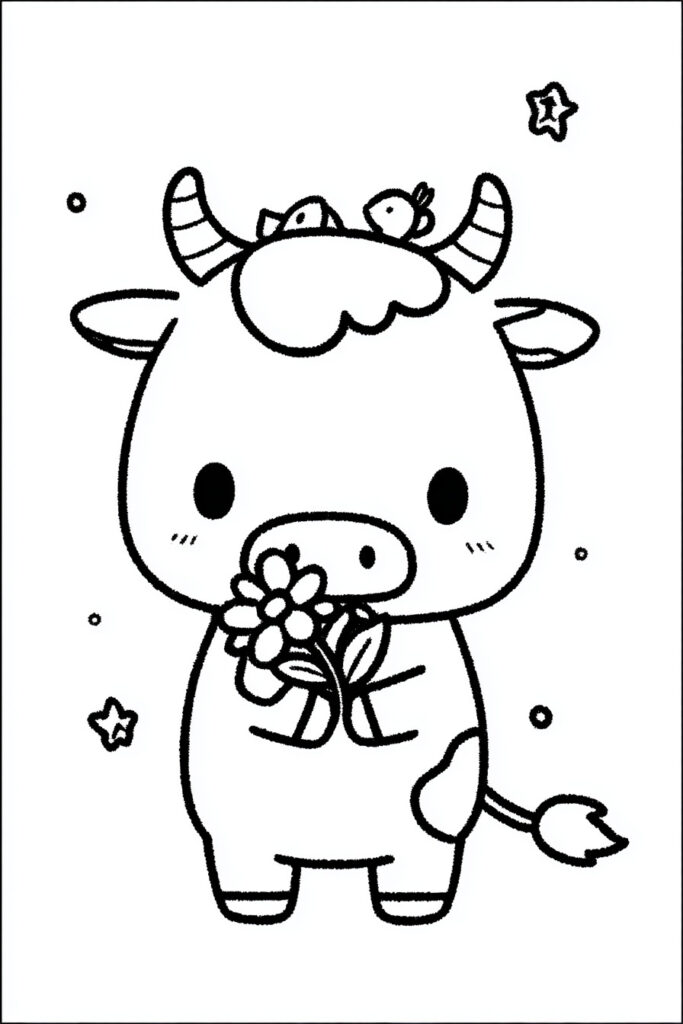 Spring animal coloring page of a cow with a flower in its mouth beside a wooden flower press.