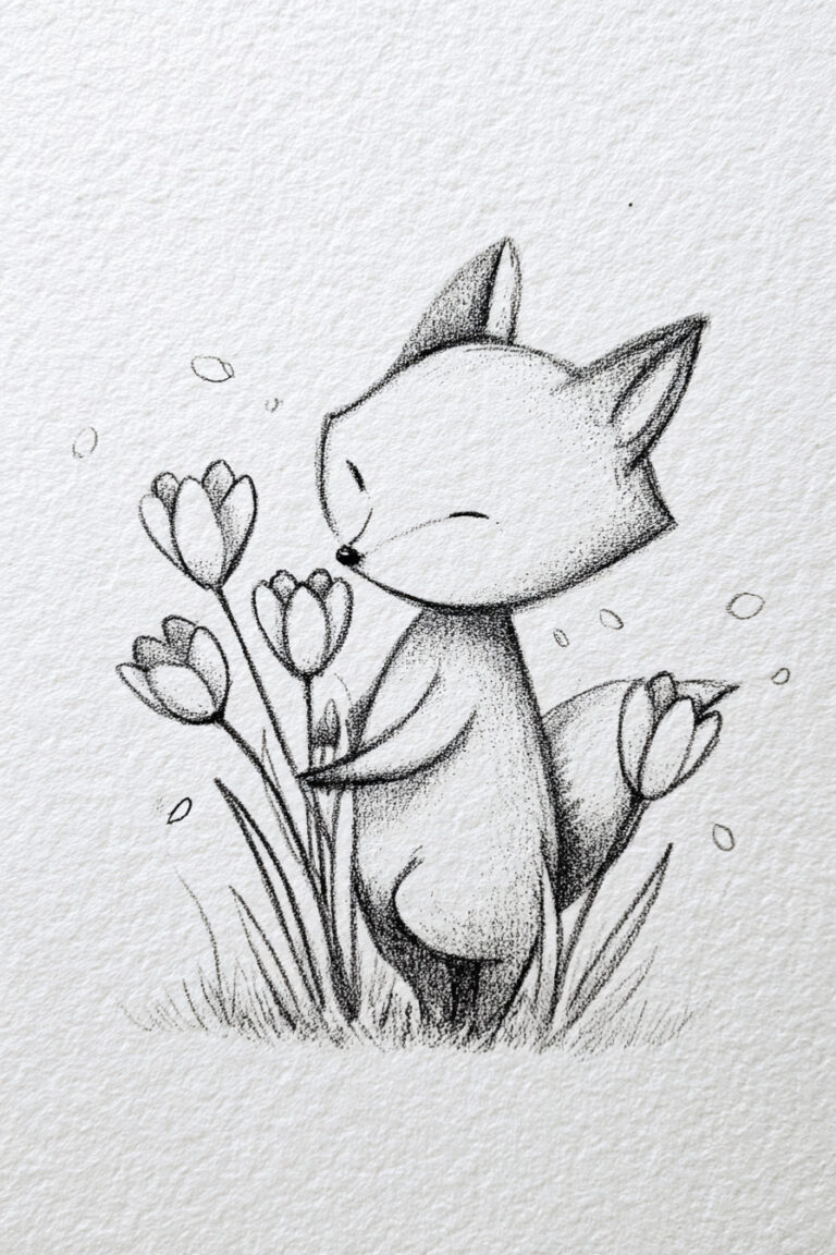 Fox Sniffing Tulips