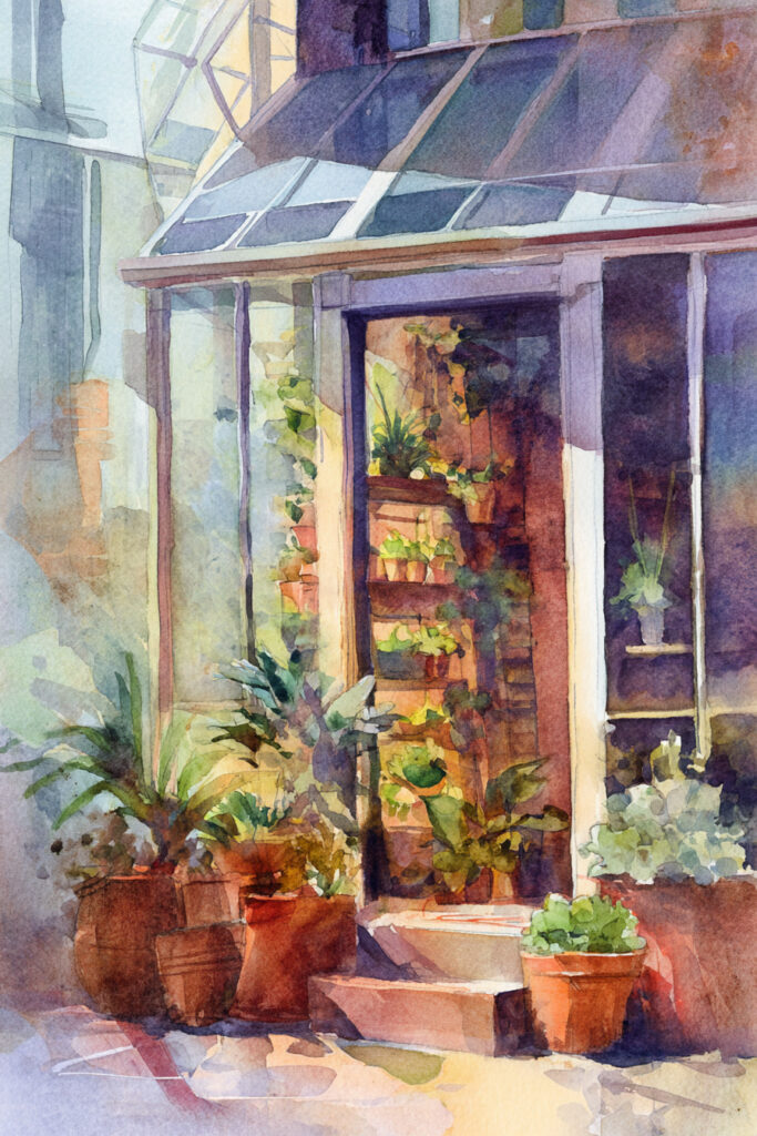Charming cottage watercolor art depicting a glowing glass greenhouse on a village street corner, terracotta pots spilling seedlings into soft spring morning light.