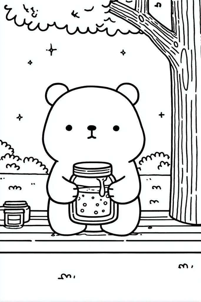Cute spring animal coloring page of a bear cub holding a jar full of honey