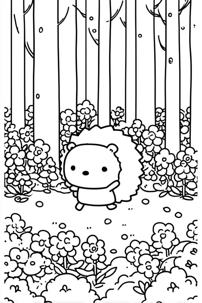Spring animal coloring page of a hedgehog walking through tall hyacinth flowers, simple bold outline art.