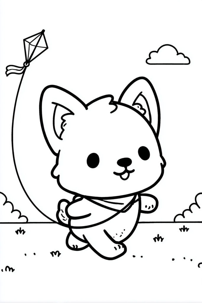 Spring animal coloring page featuring a loaf-shaped corgi running with a kite, playful printable spring coloring sheet.