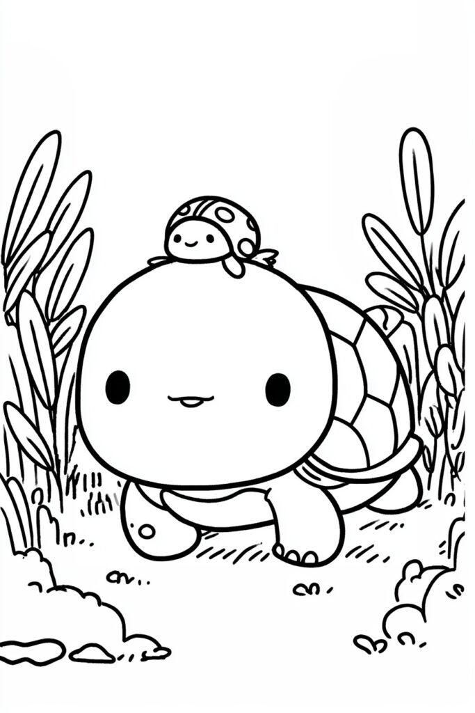 Adorable spring animal coloring page of a turtle with a ladybug on its nose surrounded by tall grass.