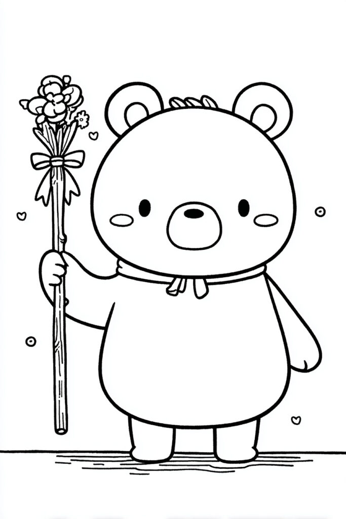 Spring animal coloring page of a round bear holding a ribbon tied to a flower-topped maypole.