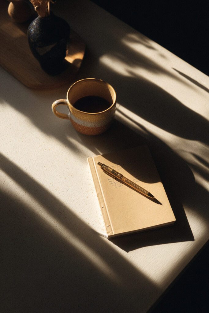 Minimal desk setup photography aesthetic home idea.