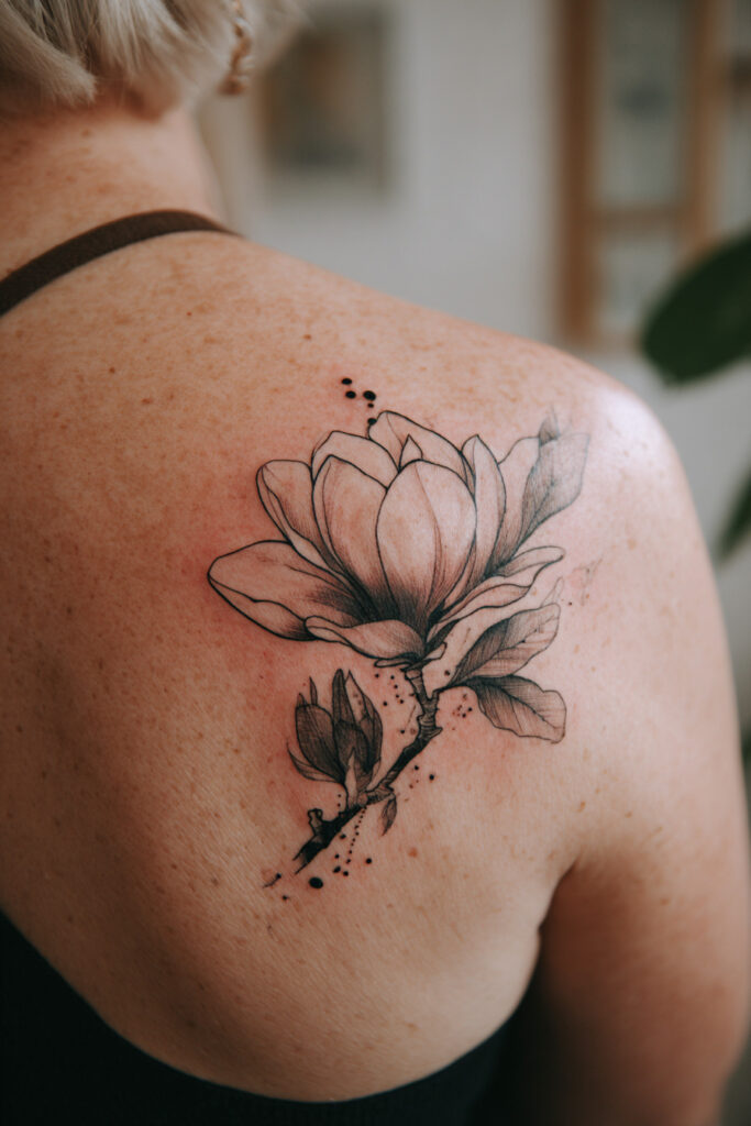 Minimal magnolia flower tattoo in clean line art style.