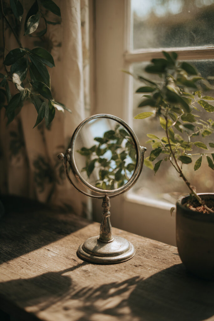 Mirror reflection creative photography concept at home.
