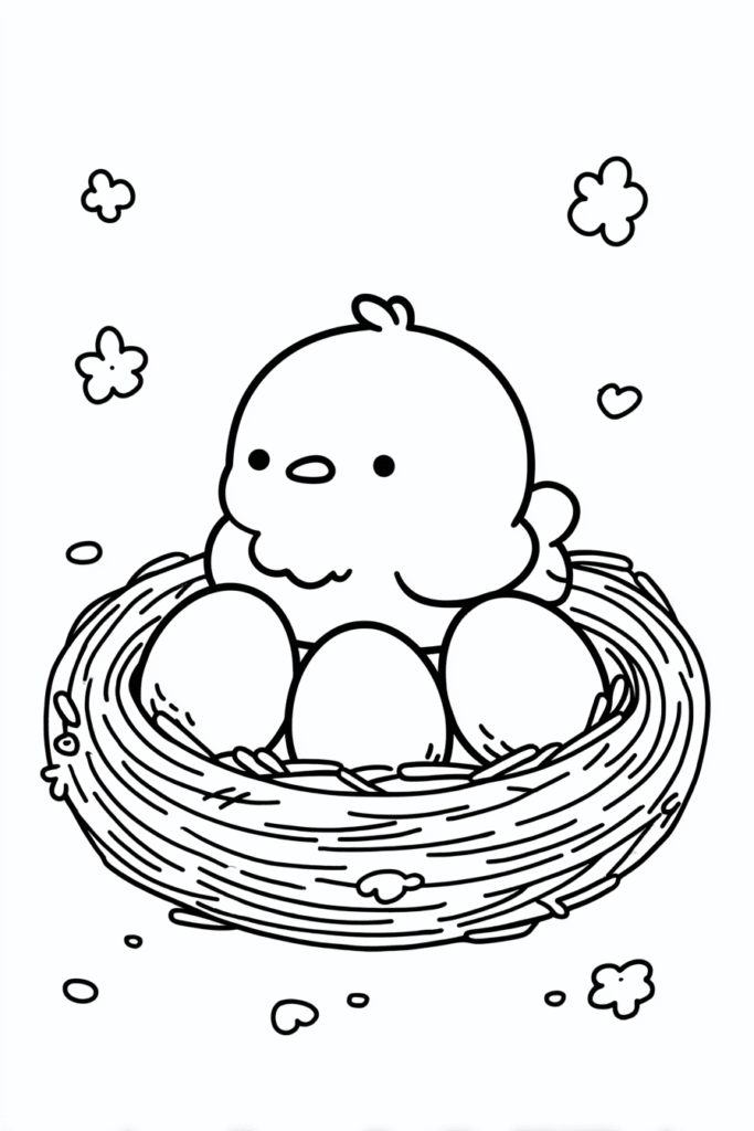 Cute spring animal coloring page of a bird in a woven twig nest with three large eggs.