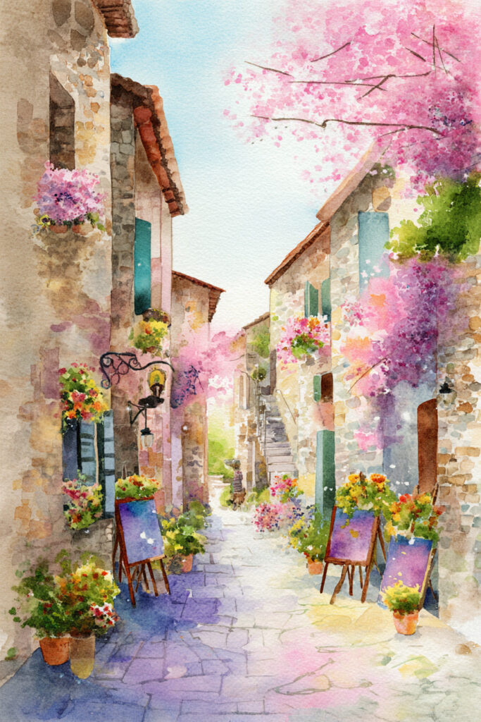 Pastel village landscape watercolor of artists painting blooming alleyways, colorful canvases leaning against sunlit stone walls in diffused spring light.