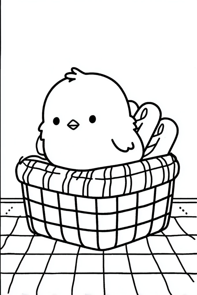Cute spring animal coloring page of a tiny chick inside a wicker picnic basket with a checkered liner.