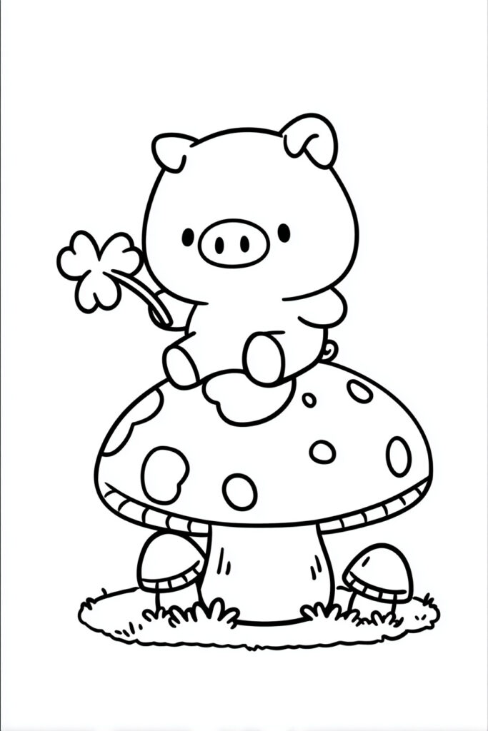 Cute spring animal coloring page of a chunky piglet sitting on a mushroom holding a clover leaf umbrella.