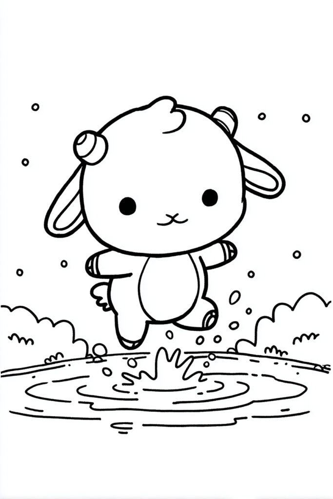 Adorable spring animal coloring page of a baby goat jumping over a puddle with splash details.