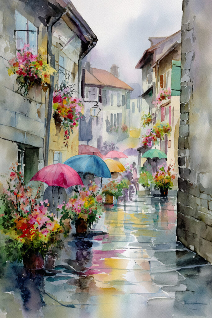 Pastel village landscape watercolor showing a rainy cobblestone lane with colorful umbrellas, blooming window boxes, and soft reflections glowing beneath a grey spring sky.